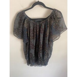 ana A New Approach Petite Large Blue Brown Paisley Floral Smocked Chiffon Blouse